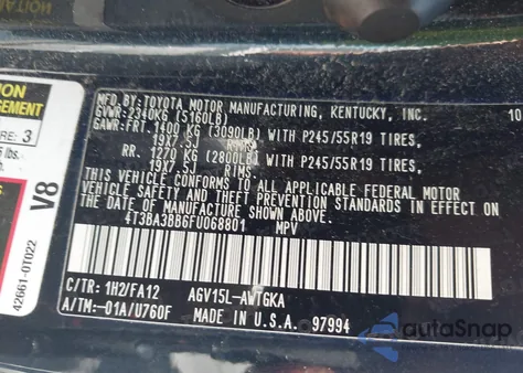 2015 Toyota Venza Le z USA, uszkodzony, nr VIN 4T3BA3BB6FU068801